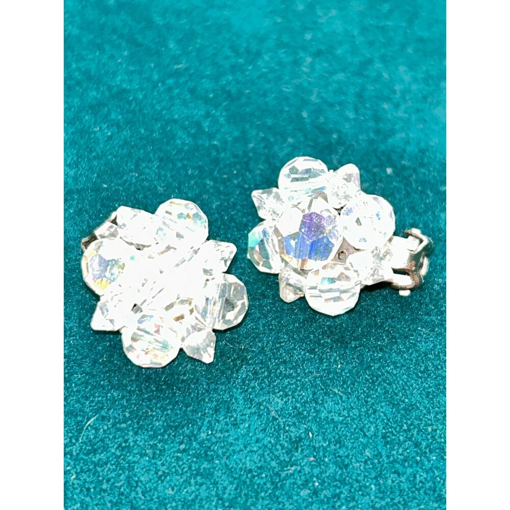 Vintage Silver Tone Aurora Borealis AB Crystal Cluster Clip On Earrings